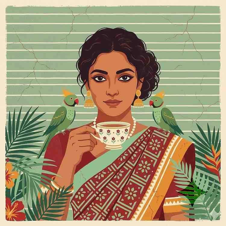 Vintage illustration — Indian woman in saree holding chai, with parrots